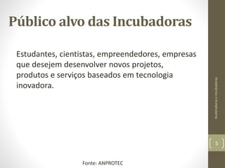 Público alvo das Incubadoras
Estudantes, cientistas, empreendedores, empresas
que desejem desenvolver novos projetos,
produtos e serviços baseados em tecnologia
inovadora.
AceleradoraseIncubadoras
5
Fonte: ANPROTEC
 