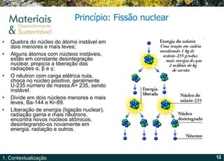 Quebra do núcleo do átomo instável em dois menores e mais leves; Alguns átomos com núcleos instáveis, estão em constante desintegração nuclear, propicia a liberação das radiações α, β e γ; O nêutron com carga elétrica nula, choca no núcleo positivo, geralmente U-235 número de massa A= 235, sendo instável. Divide em dois núcleos menores e mais leves, Ba-144 e Kr-89. Liberação de energia (ligação nuclear), radiação gama e mais nêutrons, encontra novos núcleos atômicos, desintegrando-os novamente em energia, radiação e outros. Princípio: Fissão nuclear 