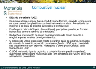 Combustível nuclear Dióxido de urânio (UO2) Cerâmica sólida e negra, baixa condutividade térmica, elevada temperatura na zona central das pastilhas combustíveis reator nuclear. Porosidade do material e do grau de queima que possui o combustível Fissão gera outros isótopos, (lantanídeos), precipitam paládio, e  formam bolhas que como o xenônio ou o kriptônio.  Radiações, movimento de recuo dos fragmentos da fissão durante a reação, e pelas tensões de origem térmica.  O dióxido de urânio obtido por nitrato de urânio base de amônio, formação de uranato de amônio, aquecido para formação de U3O8  que, convertido sob aquecimento com argônio / hidrogênio a (700 graus Celsius) para formação de UO2.  O UO2 misturado ligante orgânico e comprimido em pastilhas ( pellets ), queimados temperatura muito mais alta (em atmosfera de H2/Ar), obter um sólido baixa porosidade. 