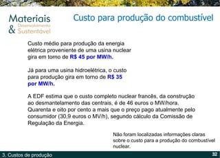 Custo para produção do combustível  Custo médio para produção da energia elétrica proveniente de uma usina nuclear gira em torno de  R$ 45 por MW/h. Já para uma usina hidroelétrica, o custo para produção gira em torno de  R$ 35 por MW/h. Não foram localizadas informações claras sobre o custo para a produção do combustível nuclear. A EDF estima que o custo completo nuclear francês, da construção ao desmantelamento das centrais, é de 46 euros o MW/hora. Quarenta e oito por cento a mais que o preço pago atualmente pelo consumidor (30,9 euros o MV/h), segundo cálculo da Comissão de Regulação da Energia. 