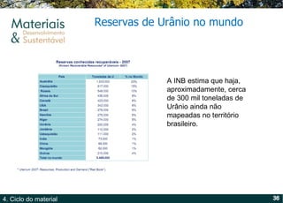 Reservas de Urânio no mundo A INB estima que haja, aproximadamente, cerca de 300 mil toneladas de Urânio ainda não mapeadas no território brasileiro. 