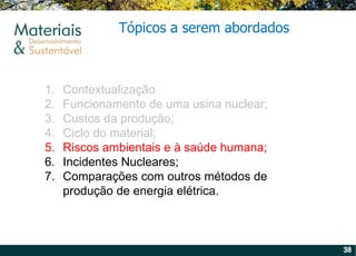 Contextualização Funcionamento de uma usina nuclear; Custos da produção; Ciclo do material; Riscos ambientais e à saúde humana; Incidentes Nucleares; Comparações com outros métodos de produção de energia elétrica. Tópicos a serem abordados 