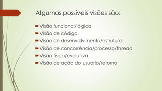 Algumas possíveis visões são:
Visão funcional/lógica
Visão de código.
Visão de desenvolvimento/estrutural
Visão de concorrência/processo/thread
Visão física/evolutiva
Visão de ação do usuário/retorno

 