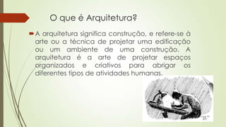 O que é Arquitetura?
A arquitetura significa construção, e refere-se à
arte ou a técnica de projetar uma edificação
ou um ambiente de uma construção. A
arquitetura é a arte de projetar espaços
organizados e criativos para abrigar os
diferentes tipos de atividades humanas.

 