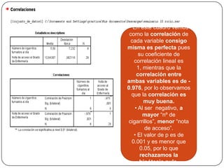 • En este cuadro vemos
como la correlación de
cada variable consigo
misma es perfecta pues
su coeficiente de
correlación lineal es
1, mientras que la
correlación entre
ambas variables es de -
0.976, por lo observamos
que la correlación es
muy buena.
• Al ser negativo, a
mayor “nº de
cigarrillos”, menor “nota
de acceso”.
• El valor de p es de
0.001 y es menor que
0.05, por lo que
rechazamos la
hipótesis nula.
 