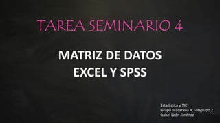 TAREA SEMINARIO 4
MATRIZ DE DATOS
EXCEL Y SPSS
Estadística y TIC
Grupo Macarena A, subgrupo 2
Isabel León Jiménez
 