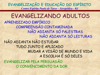 EVANGELIZANDO ADULTOS APRENDIZADO EMPÍRICO NÃO ADIANTA SÓ PALESTRAS NÃO ADIANTA SÓ LEITURAS NÃO ADIANTA NÃO ESTUDAR TUDO JUNTO E APLICADO COMPREENSÃO CONTAMINADA MUDAR A VISÃO DE MUNDO E VIDA A ESCOLHA É SÓ DELES EVANGELIZAR PELA PERSUASÃO O CONVENCIMENTO DA DOR 