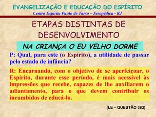 ETAPAS DISTINTAS DE DESENVOLVIMENTO NA CRIANÇA O EU VELHO DORME P: Qual, para este ( o Espírito ), a utilidade de passar pelo estado de infância? R: Encarnando, com o objetivo de se aperfeiçoar, o Espírito, durante esse período, é mais acessível às impressões que recebe, capazes de lhe auxiliarem o adiantamento, para o que devem contribuir os incumbidos de educá-lo. (LE – QUESTÃO 383) 