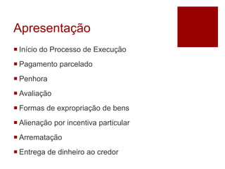 Apresentação
 Início do Processo de Execução
 Pagamento parcelado
 Penhora
 Avaliação
 Formas de expropriação de bens
 Alienação por incentiva particular
 Arrematação
 Entrega de dinheiro ao credor
 