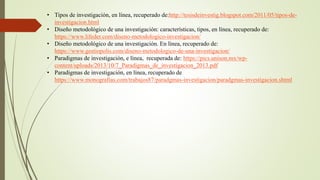 • Tipos de investigación, en línea, recuperado de:http://tesisdeinvestig.blogspot.com/2011/05/tipos-de-
investigacion.html
• Diseño metodológico de una investigación: características, tipos, en línea, recuperado de:
https://www.lifeder.com/diseno-metodologico-investigacion/
• Diseño metodológico de una investigación. En línea, recuperado de:
https://www.gestiopolis.com/diseno-metodologico-de-una-investigacion/
• Paradigmas de investigación, e línea, recuperada de: https://pics.unison.mx/wp-
content/uploads/2013/10/7_Paradigmas_de_investigacion_2013.pdf
• Paradigmas de investigación, en línea, recuperado de
https://www.monografias.com/trabajos87/paradgmas-investigacion/paradgmas-investigacion.shtml
 