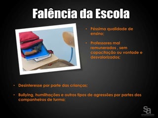 • Péssima qualidade de
                                       ensino;

                                     • Professores mal
                                       remunerados , sem
                                       capacitação ou vontade e
                                       desvalorizados;




• Desinteresse por parte das crianças;

• Bullying, humilhações e outros tipos de agressões por partes dos
  companheiros de turma;
 