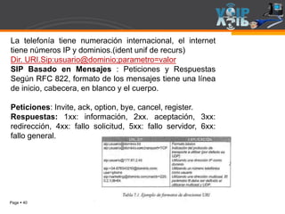 Page  40
La telefonía tiene numeración internacional, el internet
tiene números IP y dominios.(ident unif de recurs)
Dir. URI.Sip:usuario@dominio;parametro=valor
SIP Basado en Mensajes : Peticiones y Respuestas
Según RFC 822, formato de los mensajes tiene una línea
de inicio, cabecera, en blanco y el cuerpo.
Peticiones: Invite, ack, option, bye, cancel, register.
Respuestas: 1xx: información, 2xx. aceptación, 3xx:
redirección, 4xx: fallo solicitud, 5xx: fallo servidor, 6xx:
fallo general.
 
