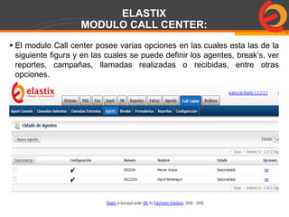 Page  76
ELASTIX
MODULO CALL CENTER:
 El modulo Call center posee varias opciones en las cuales esta las de la
siguiente figura y en las cuales se puede definir los agentes, break’s, ver
reportes, campañas, llamadas realizadas o recibidas, entre otras
opciones.
 
