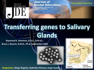 Transferring genes to Salivary
Glands
Integrantes: Diego Ángeles; Gabriela Chirinos; Jorge Ccanto
Raymond K. Simmons, D.D.S., D.M.Sc.;
Bruce J. Baunm, D.M.D., Ph.D. Septiembre 2001
Revisión teórica
 