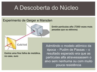 A Descoberta do Núcleo
Experimento de Geiger e Marsden
Emitir partículas alfa (7300 vezes mais
pesadas que os elétrons)
Contra uma fina folha de metálica,
no caso, ouro
Admitindo o modelo atômico da
época – Pudim de Passas – o
resultado esperado era que as
partículas alfa atravessassem o
alvo sem nenhuma ou com muito
pouca resistência
 