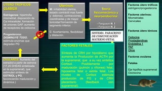 ÚTERO TROFICOS:                         Uterinos:                                    Factores útero tróficos
CLÁSICA                         M: irritabilidad uterina,              Teoría        estrógeno/progesterona
                                estado contráctil mas fuerte     fisicomecánica y
Estrógenos: hipertrofia         y doloroso, contracciones                            Factores uterinos:
                                                                 neuroendocrina:
miometrial, disposición de      coordinadas y de mayor                               Miometriales
Ca intracelular, formación      tonicidad formación de                               Cervicales
de uniones GAP, aumento                                             - Ferguson N 1
                                segmento inferior.
de receptores de oxitocina                                          - Ferguson N 2
                                C: Acortamiento, flexibilidad                        Factores útero tónicos
                                                                SISTEMA PARACRINO
Progesterona:                   y dilatación.                   DE COMUNICACIÓN      Oxitocina
DISMINUYE TODO,
                                                                MATERNO FETAL        Prostaglandinas
estimula enzimas que
degradan PG.                                                                         Endotelina 1
                                          FACTORES FETALES:                          PAF
                                                                                     Otros
                                          Síntesis de CRH por hipotálamo que
                                          aumenta la Producción de ACTH por          Factores ovulares
OVULARES: Aumento del                     la suprarrenal, que a su vez sintetiza
estradiol a partir de estrona             Cortisol.      Posiblemente       por      Fetales
(17,20 DHEAS sintetizada
                                          maduración (pulmón y riñones) fetal,
en la suprarrenal), que                                                              Eje hipófisis suprarrenal
estimulan síntesis de                     hipoxemia fetal o estrés fetal. Los
                                                                                     Oxictocina
ESTRIOL y PG,                             niveles     de    Cortisol   estimula
favoreciendo maduración y                 producción de PG y de CRH
dinámica.)                                placentario       (feedback       con
                                          suprarrenal).
 