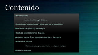 Contenido
  Motor del parto:

             - Anatomía e histología del útero

  Musculo liso: características y diferencias con el esquelético.

  Mecanismo bioquímico y neurológico

  Factores desencadenantes del parto.

  Actividad uterina: Tono, intensidad, duración y frecuencia

  Maduración cervical

              - Modificaciones segmento cervicales en nulípara y multípara

  Bolsa de las aguas
 