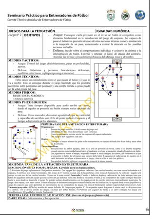 Seminario Práctico para Entrenadores de Fútbol
Comité Técnico Andaluz de Entrenadores de Fútbol


JUEGOS PARA LA PROGRESIÓN                                    IGUALDAD NUMÉRICA
Juego nº 2 OBJETIVOS  - Ataque: Conseguir cierta precisión en el envío del balón al compañero como
                                                    elemento fundamental en la introducción del juego de conjunto. Ser capaces de
                                                    pasar el balón con precisión después de otras acciones técnicas como la conducción
                                                    o la recepción de un pase, comenzando a centrar la atención en las posibles
                                                    acciones sin balón.
                                               -    Defensa: Incidir sobre el comportamiento individual y colectivo en defensa y la
                                                    interceptación de balón. Estorbar y retardar el juego de ataque del contrario.
                                                    Asimilar las formas y procedimientos básicos del Marcaje zonal y al hombre.
MEDIOS TACTICOS:
     -     Ataque: Control del juego, desdoblamientos, pases en profundidad,
           apoyos.
     -     Defensa: Coberturas y permutas, basculaciones defensivas,
           equilibrio entre líneas, repliegue (presing o intensivo).
MEDIOS TECNICOS:
        Debe existir un entendimiento entre el que pasará el balón y el que lo
va a recibir. Esto se consigue durante el juego haciendo que los posibles
receptores estén pendientes del poseedor y una simple mirada o gesto puede
ser la señal previa del pase.
MEDIOS FISICOS:
     RESISTENCIA AERÓBICA
     - potencia aerobica
MEDIOS PSICOLOGICOS:
     -     Ataque: Estar siempre disponible para poder recibir un centro,
           dando al jugador en posesión del balón siempre varias opciones de
           pase.
     -     Defensa: Como marcador, demostrar agresividad (que no violencia)
           y capacidad de sacrificio con el fin de poder reducir el espacio y el
           tiempo a disposición de los atacantes.
                                 PRIMERA FASE DE LA SITUACIÓN ESTRUCTURADA
                                       Organización:
                                            -    Terreno de juego reducido, 1/4 del terreno de juego real.
                                            -    Delimitado por tres zonas horizontales y dos verticales.
                                            -    Cuatro miniporterías en cada una de las esquinas del espacio delimitado.
                                            -    Dos equipos de 6 jugadores cada uno.
                                       Reglas:
                                            -    Conseguir el mayor número de goles en las miniporterías, un equipo defiende dos de un lado y ataca sobre
                                                 las de enfrente.
                                       Tareas específicas:
                                            -    Basculaciones de ambos equipos, tanto si se está en posesión de balón, como si se intenta recuperar,
                                                 creando siempre superioridad numérica en el cuadrante en el que se encuentre situado el jugador con balón.
                                            -    Los jugadores se suman al ataque, ocupando siempre la zona contigua, por detrás, del cuadrante en el que
                                                 se encuentre el balón, de tal manera que siempre debe haber 4 jugadores de cada uno de los equipos en el
                                                 carril horizontal por el que se desenvuelve el juego, y dos en el de al lado (ver gráfico).
                                            - Tras pérdida de balón repliegue, ocupando las zonas de la misma manera.
SEGUNDA FASE DE LA SITUACIÓN ESTRUCTURADA:
DESCRIPCIÓN DE LA FORMA JUGADA: Ejercicio para las basculaciones.
1/2 de terreno de juego reglamentario. Dos porteros neutrales. Dos equipos de 6 jugadores cada uno. Dos carriles laterales, una zona central delimitada en 6
espacios, 3 carriles y dos zonas horizontales. Dos zonas de 15 metros en cada una de las porterías como zonas de finalización. Se colocan 1 jugador por
equipo en cada uno de los carriles laterales. El resto en la zona central. Desarrollo: Cuando el balón se desplace cada uno de los lados siempre tiene que
haber dos jugadores tanto del equipo que ataca como del que defiende en la zona donde se encuentra el balón, y sus compañeros del cuadro contiguo basculan
hacia la zona donde se desarrolla el juego. Se podrán realizar desdoblamientos con los jugadores de los carriles exteriores intercambiando posiciones. Se
juega a dos toques y con pases cortos. Cuando el equipo de delanteros consiguen avanzar hasta la zona de finalización, la segunda línea avanza (equilibrio) y
ocupa los espacios que antes permitían los movimientos de sus compañeros de ataque. En zona de finalización siempre superioridad ofensiva (2x1;3x2).
Variantes/progresión: A) No hay sentido del ataque definido; B) 3 toques por jugador; C) No se pueden repetir dos pases al mismo carril o a la misma zona
o a ambos; D) se define sentido del ataque; E) pasar por ambas bandas; F) Permutar con jugador de banda si es carril contiguo; G) ataque con
desdoblamiento; H) igualdad en zona de finalización.
TERCERA FASE. PARTIDO DE APLICACIÓN 11X11 (terreno de juego reglamentario)
PARTE FINAL: Estiramientos y Recuperación



                                                                                                                                                                59
 