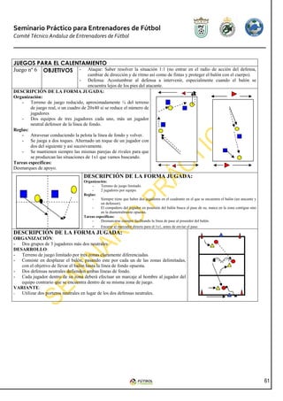 Seminario Práctico para Entrenadores de Fútbol
Comité Técnico Andaluz de Entrenadores de Fútbol



JUEGOS PARA EL CALENTAMIENTO
Juego nº 6 OBJETIVOS - Ataque: Saber resolver la situación 1:1 (no entrar en el radio de acción del defensa,
                                       cambiar de dirección y de ritmo así como de fintas y proteger el balón con el cuerpo).
                                 -     Defensa: Acostumbrar al defensa a intervenir, especialmente cuando el balón se
                                       encuentra lejos de los pies del atacante.
DESCRIPCIÓN DE LA FORMA JUGADA:
Organización:
   - Terreno de juego reducido, aproximadamente ¼ del terreno
        de juego real, o un cuadro de 20x40 si se reduce el número de
        jugadores
   - Dos equipos de tres jugadores cada uno, más un jugador
        neutral defensor de la línea de fondo.
Reglas:
   - Atravesar conduciendo la pelota la línea de fondo y volver.
   - Se juega a dos toques. Alternado un toque de un jugador con
        dos del siguiente y así sucesivamente.
   - Se mantienen siempre las mismas parejas de rivales para que
        se produzcan las situaciones de 1x1 que vamos buscando.
Tareas específicas:
Desmarques de apoyo.
                                     DESCRIPCIÓN DE LA FORMA JUGADA:
                                     Organización:
                                          -    Terreno de juego limitado.
                                          -    2 jugadores por equipo.
                                     Reglas:
                                          -    Siempre tiene que haber dos jugadores en el cuadrante en el que se encuentra el balón (un atacante y
                                               un defensor).
                                          -    El compañero del jugador en posesión del balón busca el pase de su, nunca en la zona contigua sino
                                               en la diametralmente opuesta.
                                     Tareas específicas:
                                          -    Desmarcarse siempre facilitando la línea de pase al poseedor del balón.
                                          -    Encarar al marcador directo para el 1x1, antes de enviar el pase.
DESCRIPCIÓN DE LA FORMA JUGADA:
ORGANIZACIÖN:
- Dos grupos de 3 jugadores más dos neutrales
DESARROLLO:
- Terreno de juego limitado por tres zonas claramente diferenciadas.
- Consiste en desplazar el balón, pasando este por cada un de las zonas delimitadas,
   con el objetivo de llevar el balón hasta la línea de fondo opuesta.
- Dos defensas neutrales defienden ambas líneas de fondo.
- Cada jugador dentro de su zona deberá efectuar un marcaje al hombre al jugador del
   equipo contrario que se encuentra dentro de su misma zona de juego.
VARIANTE:
-  Utilizar dos porteros neutrales en lugar de los dos defensas neutrales.




                                                                                                                                                      61
 