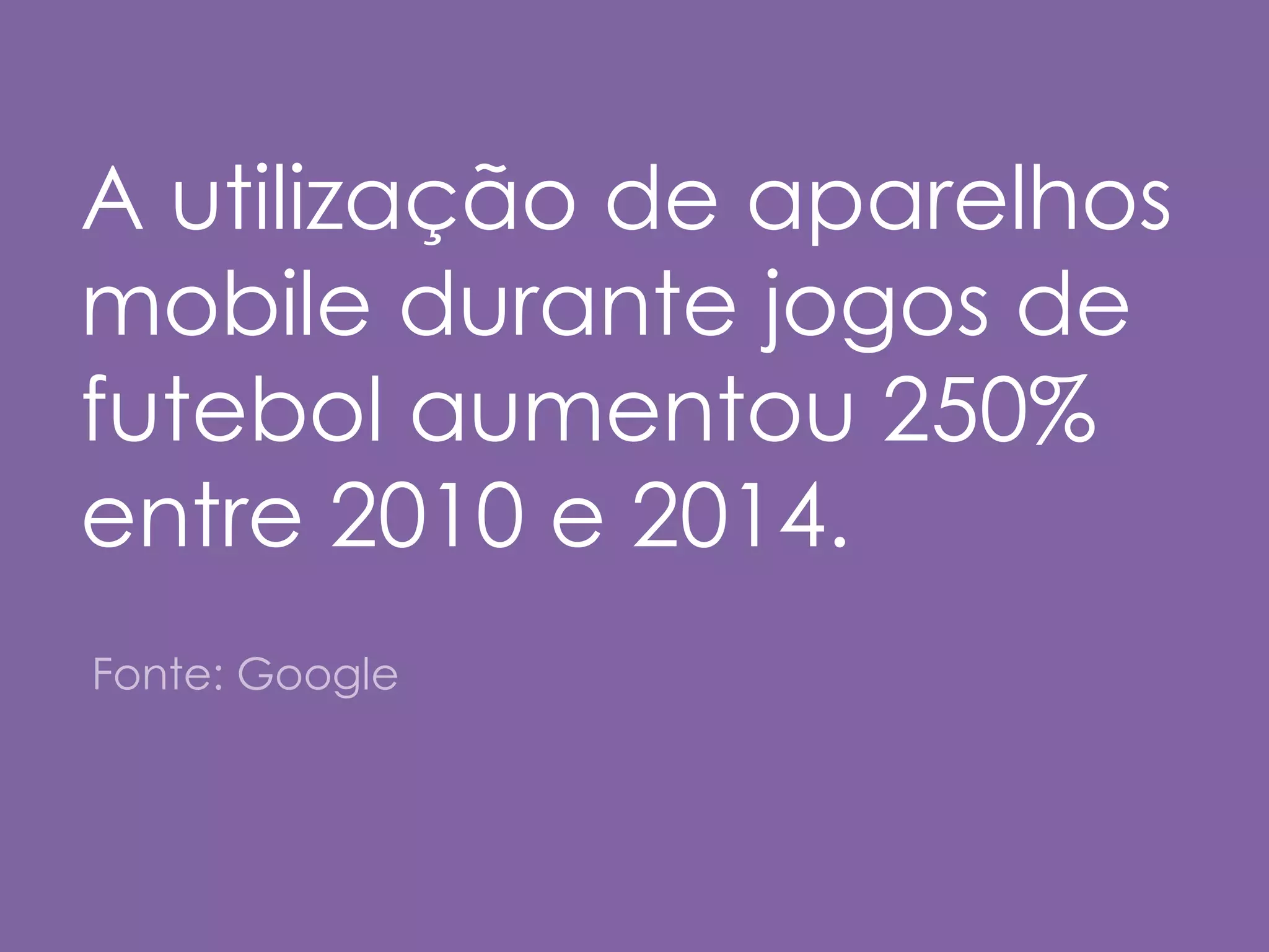 LEFT SIDE RIGHT SIDE 
A utilização de aparelhos 
mobile durante jogos de 
futebol aumentou 250% 
entre 2010 e 2014. 
Fonte: Google 
 