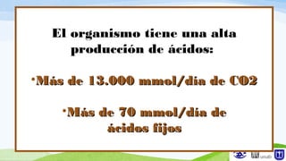 AmortiguaciónEl organismo tiene una alta
producción de ácidos:
•Más de 13.000 mmol/día de CO2Más de 13.000 mmol/día de CO2
•Más de 70 mmol/día deMás de 70 mmol/día de
ácidos fijosácidos fijos
 