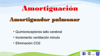 Amortiguación
Amortiguador pulmonarAmortiguador pulmonar
• Quimioreceptores tallo cerebral
• Incremento ventilación minuto
• Eliminación CO2
 