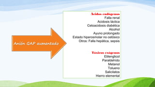 Ácidos endógenos
Falla renal
Acidosis láctica
Cetoacidosis diabética
Alcohol
Ayuno prolongado
Estado hiperosmolar no cetósico
Otros: Falla hepática, sepsis
Tóxicos exógenos
Etilenglicol
Paraldehído
Metanol
Tolueno
Salicilatos
Hierro elemental
 