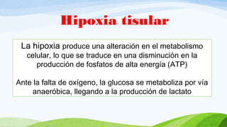 Hipoxia tisular
La hipoxia produce una alteración en el metabolismo
celular, lo que se traduce en una disminución en la
producción de fosfatos de alta energía (ATP)
Ante la falta de oxígeno, la glucosa se metaboliza por vía
anaeróbica, llegando a la producción de lactato
 