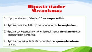 Hipoxia tisular
Mecanismos
1. Hipoxia hipóxica: falta de O2 «transportable».
2. Hipoxia anémica: falta de transportadores, hemoglobina.
3. Hipoxia por estancamiento: enlentecimiento circulatorio con
desaturación periférica.
4. Hipoxia citotóxica: falta de capacidad de aprovechamiento
tisular.
 