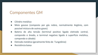 Componentes GM
● Cilindro metálico
● Meio gasoso (composto por gás nobre, normalmente Argônio, com
possível mistura de outros gases)
● Bateria de alta tensão (terminal positivo ligado eletrodo central,
compondo o ânodo, e terminal negativo ligado à superfície metálica,
compondo o cátodo)
● Eletrodo metálico (geralmente feito de Tungstênio)
● Resistência baixa
 