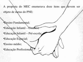A proposta do MEC enumerava doze itens que devem ser objeto de metas do PNE:  Ensino Fundamental; Educação Infantil – Creches;  Educação Infantil – Pré-escola;  Educação Especial;  Ensino médio;  Educação Profissional;  