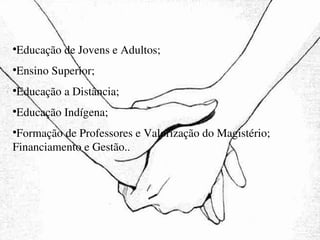 Educação de Jovens e Adultos;  Ensino Superior;  Educação a Distância;  Educação Indígena;  Formação de Professores e Valorização do Magistério;  Financiamento e Gestão. . 