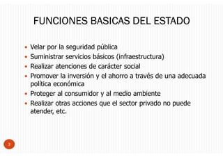 Velar por la seguridad pública
Suministrar servicios básicos (infraestructura)
Realizar atenciones de carácter social
Promover la inversión y el ahorro a través de una adecuada
política económica
Proteger al consumidor y al medio ambiente
Realizar otras acciones que el sector privado no puede
atender, etc.
3
FUNCIONES BASICAS DEL ESTADO
 
