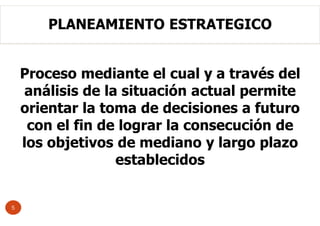Proceso mediante el cual y a través del
análisis de la situación actual permite
orientar la toma de decisiones a futuro
con el fin de lograr la consecución de
los objetivos de mediano y largo plazo
establecidos
PLANEAMIENTO ESTRATEGICO
5
 