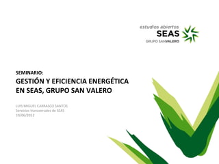 SEMINARIO:
GESTIÓN Y EFICIENCIA ENERGÉTICA
EN SEAS, GRUPO SAN VALERO
LUIS MIGUEL CARRASCO SANTOS
Servicios transversales de SEAS
19/06/2012
 