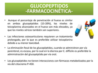 GLUCOPEPTIDOS
                    -FARMACOCINÉTICA-
•    Aunque el porcentaje de penetración al hueso es similar
    en ambos glucopéptidos (15-20%), los niveles de
    teicoplanina alcanzados en el hueso son más elevados, ya
    que los niveles séricos también son superiores.

• Las infecciones osteoarticulares requieren un tratamiento
  prolongado, por lo que es preferible utilizar teicoplanina
  debido a su menor toxicidad.
• La eliminación fecal de los glucopéptidos, cuando se administran por vía
  parenteral, es escasa, por lo cual en la diarrea por C. difficile es preferible la
  administración del glucopéptido por vía oral.

• Los glucopéptidos no tienen interacciones con fármacos metabolizados por la
  vía del citocromo P-450.
 