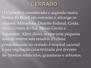 O Cerrado é considerado o segundo maior 
bioma do Brasil em extensão e abrange os 
estados: Maranhão, Distrito Federal, Goiás, 
Mato Grosso do Sul, Minas Gerais e 
Tocantins. Além disso, ocupa uma pequena 
área de outros seis estados. O clima 
predominante no cerrado é tropical sazonal 
e sua vegetação caracterizada por árvores 
de troncos retorcidos, gramíneas e arbustos. 
 
