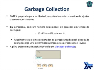 Garbage Collection O  GC  é projetado para ser flexível, suportando muitas maneiras de ajustar o seu comportamento; GC  Geracional, com um número selecionável de gerações em tempo de execução: (G + RTS-<n>-RTS, onde n> = 1). Atualmente ele é um colecionador de gerações tradicional, onde cada coleta recolhe uma determinada geração e as gerações mais jovens. A pilha cresce em armazenamento de um   alocador de blocos ; 