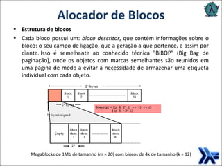 Alocador de Blocos Estrutura de blocos Cada bloco possui um:  bloco descritor , que contém informações sobre o bloco: o seu campo de ligação, que a geração a que pertence, e assim por diante. Isso é semelhante ao conhecido técnica "BiBOP" (Big Bag de paginação), onde os objetos com marcas semelhantes são reunidos em uma página de modo a evitar a necessidade de armazenar uma etiqueta individual com cada objeto. Megablocks de 1Mb de tamanho (m = 20) com blocos de 4k de tamanho (k = 12) 