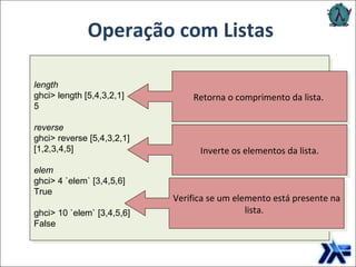 Operação com Listas length ghci> length [5,4,3,2,1]   5     reverse ghci> reverse [5,4,3,2,1]   [1,2,3,4,5]      elem ghci> 4 `elem` [3,4,5,6]   True   ghci> 10 `elem` [3,4,5,6]   False          Retorna o comprimento da lista.   Inverte os elementos da lista. Verifica se um elemento está presente na lista.     