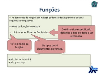 Funções ” x” é o nome da função. Os tipos dos 4 argumentos da função. O último tipo especificado identifica o tipo de dado a ser retornado. As definições de funções em  Haskell  podem ser feitas por meio de uma sequência de equações.  <nome da função ><corpo> x : : Int -> Int -> Float  -> Bool -> Int add :: Int -> Int -> int add x y = x + y 