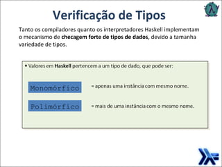 Verificação de Tipos Tanto os compiladores quanto os interpretadores Haskell implementam o mecanismo de  checagem forte de tipos de dados , devido a tamanha variedade de tipos.  Monomórfico Polimórfico 