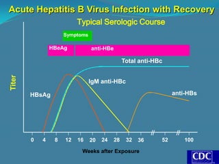 Acute Hepatitis B Virus Infection with Recovery
                          Typical Serologic Course
                     Symptoms

                HBeAg           anti-HBe

                                                Total anti-HBc
Titer




                                IgM anti-HBc

        HBsAg                                                     anti-HBs




        0   4    8   12   16    20   24    28    32   36     52       100

                           Weeks after Exposure
 