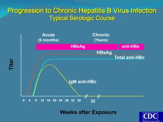 Progression to Chronic Hepatitis B Virus Infection
                      Typical Serologic Course

                  Acute                    Chronic
                 (6 months)                 (Years)
                                 HBeAg                     anti-HBe
                                                HBsAg
                                                        Total anti-HBc




                                 IgM anti-HBc



     0   4   8    12 16 20 24 28 32 36    52

                              Weeks after Exposure
 