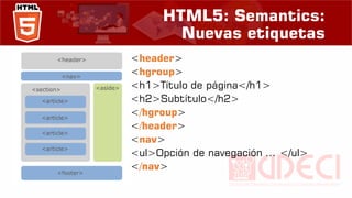HTML5: Semantics:
Nuevas etiquetas
<header>
<hgroup>
<h1>Título de página</h1>
<h2>Subtítulo</h2>
</hgroup>
</header>
<nav>
<ul>Opción de navegación ... </ul>
</nav>
 
