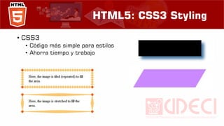 HTML5: CSS3 Styling
• CSS3
• Código más simple para estilos
• Ahorra tiempo y trabajo
 