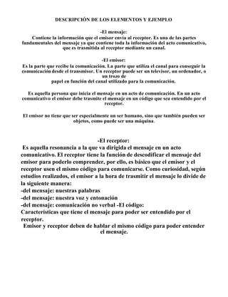 DESCRIPCIÓN DE LOS ELEMENTOS Y EJEMPLO
-El mensaje:
Contiene la información que el emisor envía al receptor. Es una de las partes
fundamentales del mensaje ya que contiene toda la información del acto comunicativo,
que es trasmitida al receptor mediante un canal.
-El emisor:
Es la parte que recibe la comunicación. La parte que utiliza el canal para conseguir la
comunicacióndesde el transmisor. Un receptor puede ser un televisor, un ordenador, o
un trozo de
papel en función del canal utilizado para la comunicación.
Es aquella persona que inicia el mensaje en un acto de comunicación. En un acto
comunicativo el emisor debe trasmite el mensaje en un código que sea entendido por el
receptor.
El emisor no tiene que ser especialmente un ser humano, sino que también pueden ser
objetos, como puede ser una máquina.
-El receptor:
Es aquella resonancia a la que va dirigida el mensaje en un acto
comunicativo. El receptor tiene la función de descodificar el mensaje del
emisor para poderlo comprender, por ello, es básico que el emisor y el
receptor usen el mismo código para comunicarse. Como curiosidad, según
estudios realizados, el emisor a la hora de trasmitir el mensaje lo divide de
la siguiente manera:
-del mensaje: nuestras palabras
-del mensaje: nuestra voz y entonación
-del mensaje: comunicación no verbal -El código:
Características que tiene el mensaje para poder ser entendido por el
receptor.
Emisor y receptor deben de hablar el mismo código para poder entender
el mensaje.
 