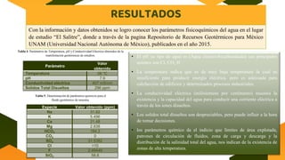 RESULTADOS
Con la información y datos obtenidos se logro conocer los parámetros fisicoquímicos del agua en el lugar
de estudio “El Salitre”, donde a través de la pagina Repositorio de Recursos Geotérmicos para México
UNAM (Universidad Nacional Autónoma de México), publicados en el año 2015.
Parámetro
Valor
obtenido
Temperatura 26 °C
pH 7.9
Conductividad eléctrica 407 mS/cm
Solidos Total Disueltos 296 ppm
Especie Valor obtenido (ppm)
Na 31.82
K 5.496
Ca 21.48
Mg 2.838
HCO3 184.3
CO3 0
SO4 31.5382
Cl <10
F 2.49449
SiO2 58.8
Tabla 4. Parámetros de Temperatura, pH y Conductividad Eléctrica obtenidos de la
manifestación geotérmicas de estudios.
Tabla 5. Determinación de parámetros químicos para el
fluido geotérmico de muestra.
• El pH su tipo de agua es (Agua cloruro-bicarbonatada) sus principales
aniones son Cl, CO3 H-
• La temperatura indica que es de muy baja temperatura la cual es
insuficiente para producir energía eléctrica, pero es adecuada para
calefacción de edificios y determinados procesos industriales.
• La conductividad eléctrica (milisiemens por centímetro) muestra la
existencia y la capacidad del agua para conducir una corriente eléctrica a
través de los iones disueltos.
• Los solidos total disueltos son despreciables, pero puede influir a la hora
de tomar decisiones.
• los parámetros químico da el indicio que límites de área explotada,
patrones de circulación de fluidos, zona de carga y descarga y la
distribución de la salinidad total del agua, nos indican de la existencia de
zonas de alta temperatura.
 