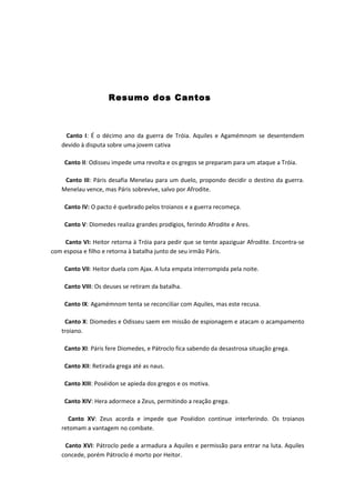 Resumo dos Cantos



    Canto I: É o décimo ano da guerra de Tróia. Aquiles e Agamémnom se desentendem
   devido à disputa sobre uma jovem cativa

     Canto II: Odisseu impede uma revolta e os gregos se preparam para um ataque a Tróia.

    Canto III: Páris desafia Menelau para um duelo, propondo decidir o destino da guerra.
   Menelau vence, mas Páris sobrevive, salvo por Afrodite.

     Canto IV: O pacto é quebrado pelos troianos e a guerra recomeça.

     Canto V: Diomedes realiza grandes prodígios, ferindo Afrodite e Ares.

     Canto VI: Heitor retorna à Tróia para pedir que se tente apaziguar Afrodite. Encontra-se
com esposa e filho e retorna à batalha junto de seu irmão Páris.

     Canto VII: Heitor duela com Ajax. A luta empata interrompida pela noite.

     Canto VIII: Os deuses se retiram da batalha.

     Canto IX: Agamémnom tenta se reconciliar com Aquiles, mas este recusa.

    Canto X: Diomedes e Odisseu saem em missão de espionagem e atacam o acampamento
   troiano.

     Canto XI: Páris fere Diomedes, e Pátroclo fica sabendo da desastrosa situação grega.

     Canto XII: Retirada grega até as naus.

     Canto XIII: Poséidon se apieda dos gregos e os motiva.

     Canto XIV: Hera adormece a Zeus, permitindo a reação grega.

     Canto XV: Zeus acorda e impede que Poséidon continue interferindo. Os troianos
   retomam a vantagem no combate.

    Canto XVI: Pátroclo pede a armadura a Aquiles e permissão para entrar na luta. Aquiles
   concede, porém Pátroclo é morto por Heitor.
 