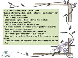 LA OBSERVACIÓN DURANTE EL JUEGO LIBRE .
Nuestro rol mas importante es el de observadoras, la observación
diaria es fundamental para:
• Conocer mejor a los alumnos.
• Observar sus progresos diarios a través de la conducta.
• Detectar problemas en los niños.
• Conocer cómo trabajan los niños en grupo.
Para llevar a cabo una observación útil hay que tomar en cuenta:
• Observar de manera permanente.
• Describir las acciones tal como vemos que ocurren
• No hacer interpretaciones sobre lo que observamos
• Observar sin prejuicios o ideas previas de lo que se espera que
ocurra
• Lo que observamos en un niño no tiene porque repetirse en otro
niño.

 
